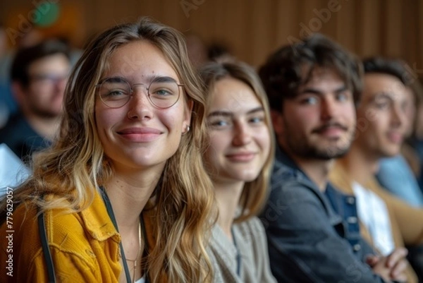 Fototapeta A smiling young woman with blue eyes at a crowded seminar.
