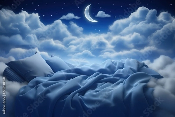 Fototapeta Comfortable bedding or healthy sleeping concept of flying cozy bed on background of amazing night sky