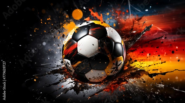 Fototapeta Concept for European football championship in Germany, dynamic energy of a soccer game. A soccer ball hurtles through the air, surrounded by explosive splashes of vibrant paint, intensity and motion
