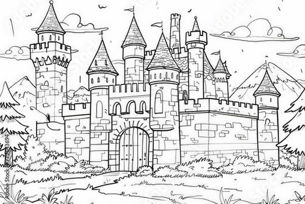 Fototapeta Coloring Page A detailed drawing of a majestic castle surrounded by a lush forest. The castle is towering above the trees, blending seamlessly with nature.