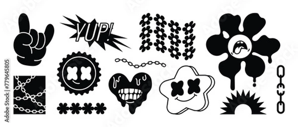 Fototapeta Collection of retro elements for design. Abstract geometric shapes in y2k style with quote patch and modern slang word.  
Groovy Illustration Vector Design for banners, stickers, logo, icon.
