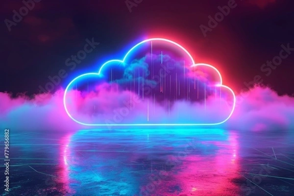 Fototapeta A cloud illuminated by neon lights floats gracefully in the sky, creating a striking visual display, A neon representation of data transfer from NAS to cloud, AI Generated