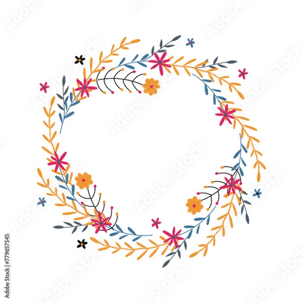 Fototapeta Greeting card card with hand drawn flower wreath on white background. Vector illustration