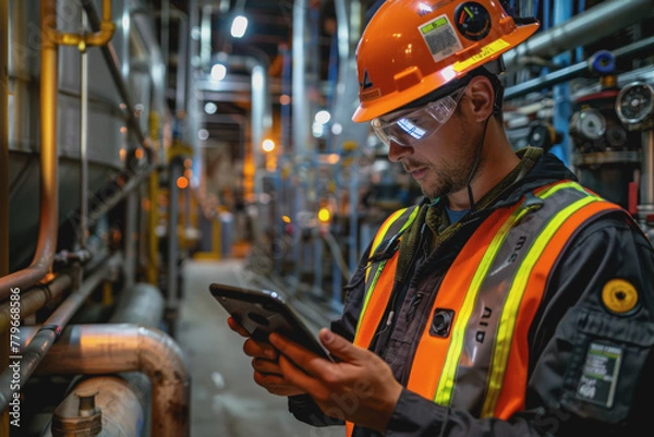 Fototapeta Worker in safety gear using a tablet to monitor nocturnal activities at an industrial plant