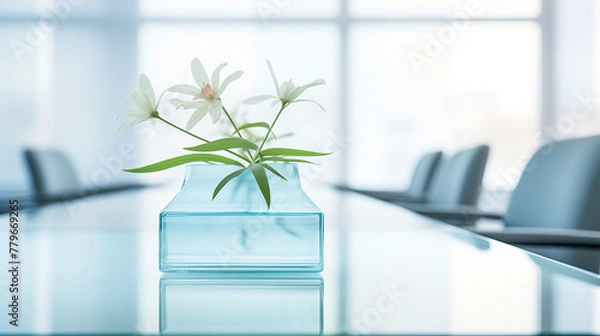 Obraz 会議室の花瓶が置かれたガラステーブル