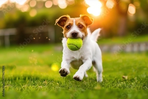 Fototapeta Joyful Jack Russell Terrier Fetching Ball in Mid-Air Sunshine - Generative AI