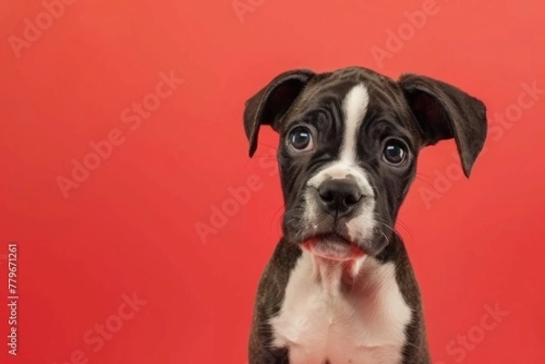 Fototapeta Curious Gaze: Young Boxer Puppy Against Vivid Red - Generative AI