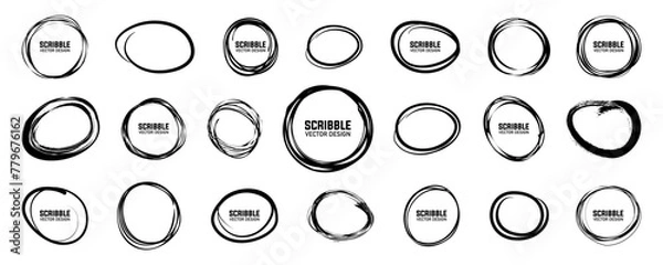 Fototapeta Black scribble round frame collection. Hand drawn circle line sketch. Hand drawn doodle grunge circle highlights. Hand drawn ellipse doodles