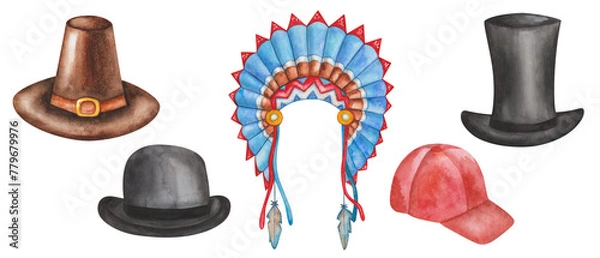 Fototapeta Watercolor set of illustrations. Hand painted headwear. Brown pilgrim hat, golden buckle. Black bowler hat, top hat, gentleman. Red cap. Indian headdress. Bird feathers. Isolated clip art