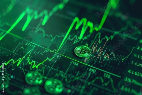 Fototapeta Close-up of Cryptocurrency Chart on Computer Screen with Scattered Bitcoins near Surging Green Arrow, Symbolizing the Concept of Financial Investment and Digital Currency