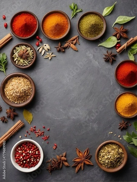 Fototapeta Various oriental spices and spices on a black background.