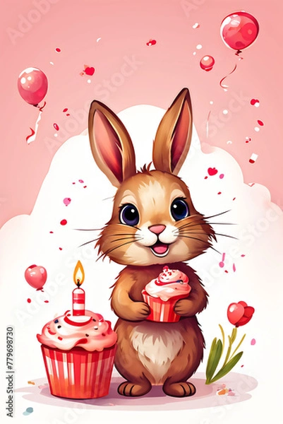 Obraz Cute Bunny with Cupcake. Rabbit celebrating Birthday. Birthday card Concept.