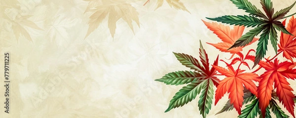Fototapeta Abstract watercolor illustration with colorful red and green beautifully shaped marijuana leaves and a place for text.