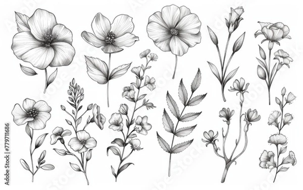 Fototapeta Hand drawn floral elements with sketchy style