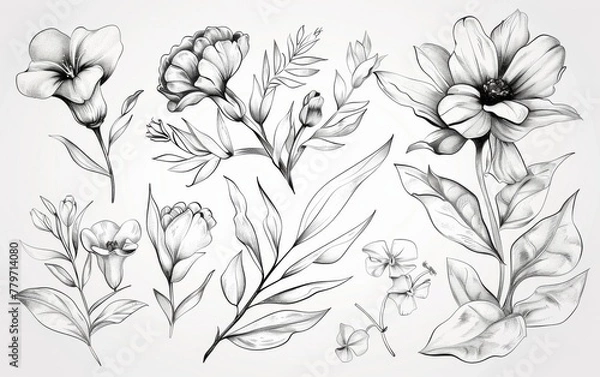 Fototapeta Hand drawn floral elements with sketchy style