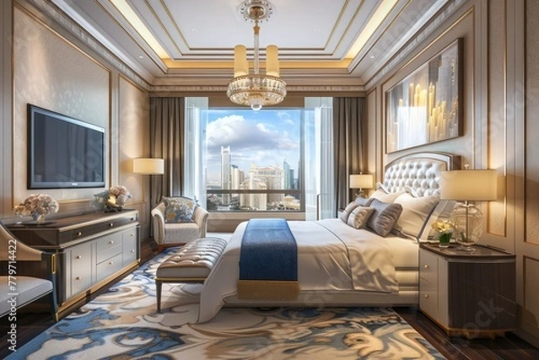 Fototapeta 3d rendering beautiful luxury bedroom suite in hotel with tv and working table