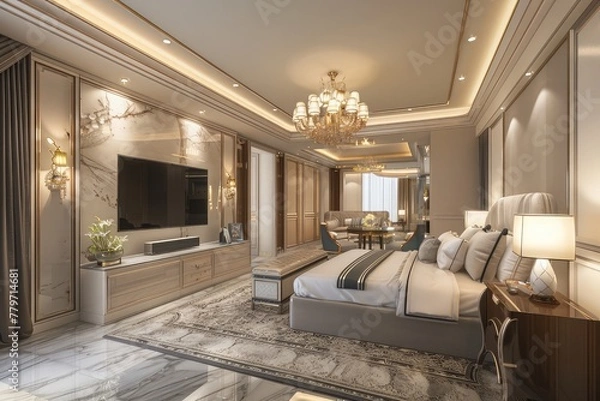 Fototapeta 3d rendering beautiful luxury bedroom suite in hotel with tv and working table