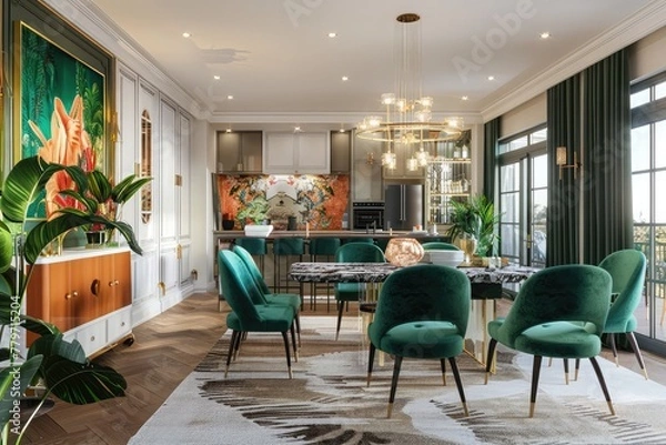 Fototapeta 3d rendering modern dining room and living room with retro armchair and european style