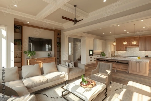 Fototapeta 3d rendering of living room and family space