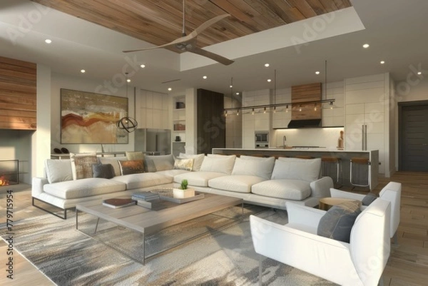 Fototapeta 3d rendering of living room and family space