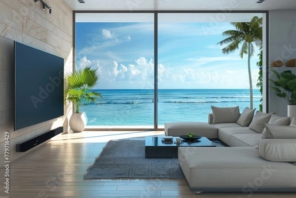 Fototapeta 3D rendering of modern living room with TV screen and sofa on sea background.