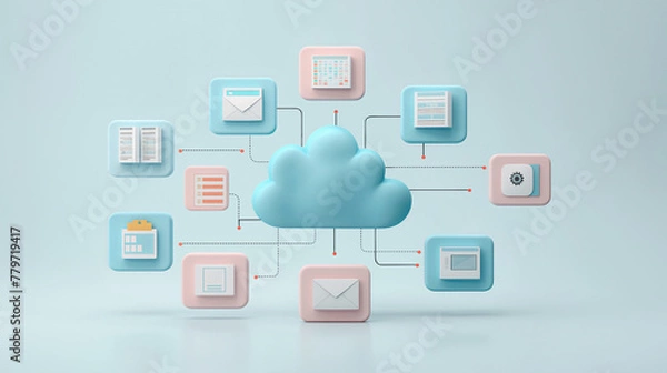 Obraz A stylized cloud connected to various data management icons on a light blue background.