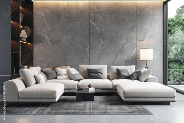 Fototapeta Beautiful modern interior with sofa. 3D rendering