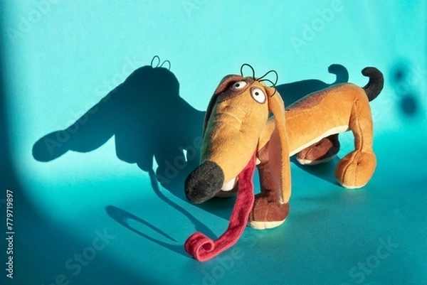 Fototapeta close-up of a looking into the lens with her mouth open and a very long tongue sticking out soft toy of a funny light brown dachshund on a blue background with a big shadow on the wall