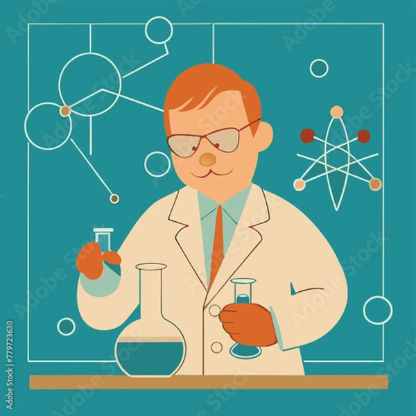 Obraz A man in his laboratory working with typical glass laboratory implements, Test tubes, beakers, pipettes, Flasks, Graduated Cylinders, Mortar and Pestle, Test Tube Holder, Test Tube Rack, Spatula, Ther