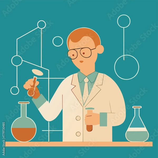 Obraz A man in his laboratory working with typical glass laboratory implements, Test tubes, beakers, pipettes, Flasks, Graduated Cylinders, Mortar and Pestle, Test Tube Holder, Test Tube Rack, Spatula, Ther