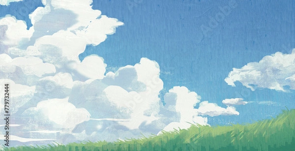 Obraz 入道雲、青空、芝生…爽やかな夏の風景の手描きイラスト