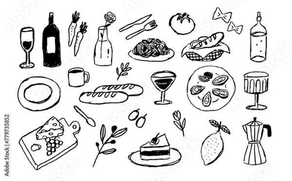 Fototapeta ディナー　ランチ　食べ物　手書き　スケッチ　イラスト　セット　食べ物