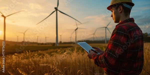 Fototapeta An engineer with a tablet monitors the operation of wind turbines