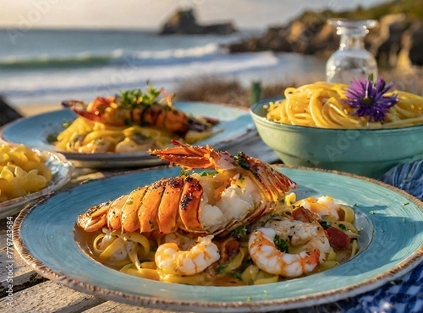 Obraz The picnic table is adorned with colorful plates of stuffed lobster tails zesty seafood