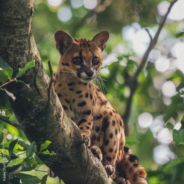 Obraz Alert Genet Cat Perched on Tree Branch
