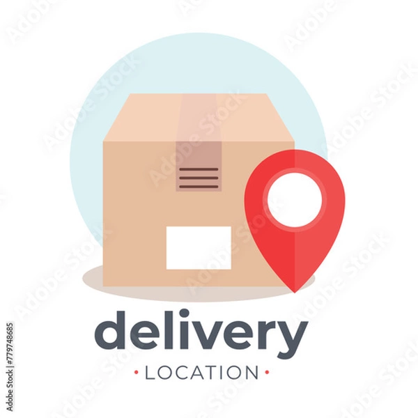 Fototapeta Cargo delivery, logistics and distribution concept. Box with location pointer. Online order tracking concept. Minimal composition