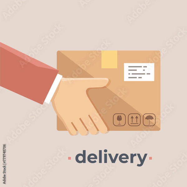 Fototapeta Delivery concept. Hand holding package. Flat style