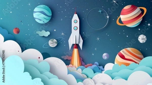 Fototapeta KS 3d paper cut_space background with rocket_planets 