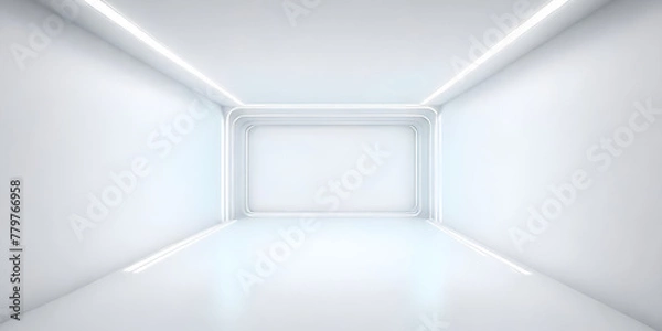 Fototapeta A white room devoid of any objects except for a distant light shining at the end, creating a stark and minimalist atmosphere