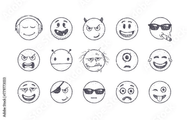 Fototapeta Vector set of Emoji. Hand drawn set of Emoticons. Smile icons. Vector illustration.