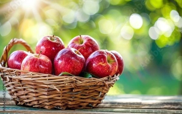 Fototapeta A cluster of luscious, ruby-red apples glistens in the warm sunlight, their flawless skin reflecting the beauty of the natural world and the bountiful harvest of the season.