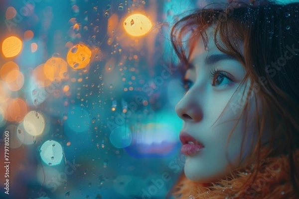 Fototapeta Detailed image of a contemplative woman by a window with raindrops, featuring glowing bokeh lights