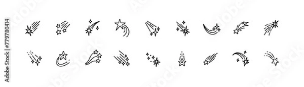 Fototapeta Set of doodle comets. Hand drawn falling stars. Sketchy night sky drawing. Simple cosmic line icons. Space meteor shooting. Asteroid tail. Crayon, ink, pen illustration. Galaxy star cluster.
