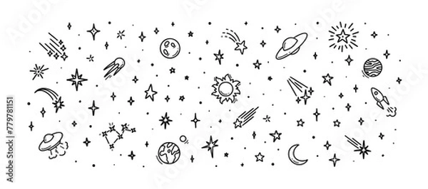 Fototapeta Śliczna linia doodle tło. Ręcznie rysowane planety, słońce, księżyc, gwiazdy, kolekcja statków kosmicznych. Dziecinny rysunek kosmicznej ilustracji. Kredka, tusz, rysunek ołówkiem. Nocne gwiaździste niebo