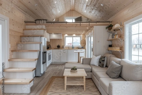 Fototapeta Modern tiny house interior with efficient space use