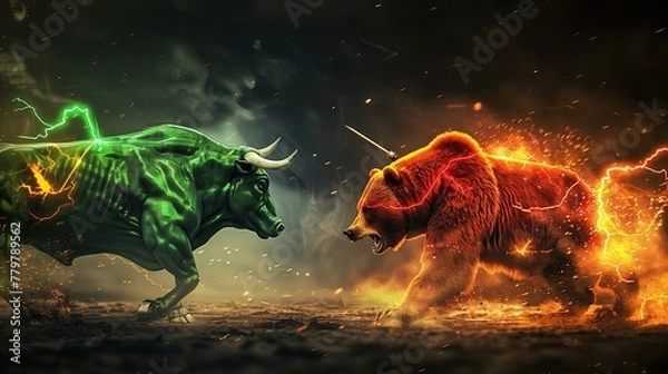 Fototapeta Bulls and bears with lightning bolts, technology, stock ideas up and down.