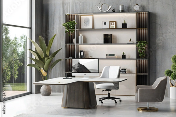 Fototapeta Modern ceo interior desk with pc table and shelf with window 