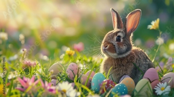 Fototapeta Adorable Bunny With Easter Eggs In Flowery Meadow with copy space. Banner