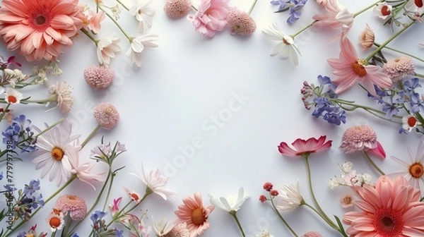 Fototapeta Assorted fresh flowers on a light background with central copy space