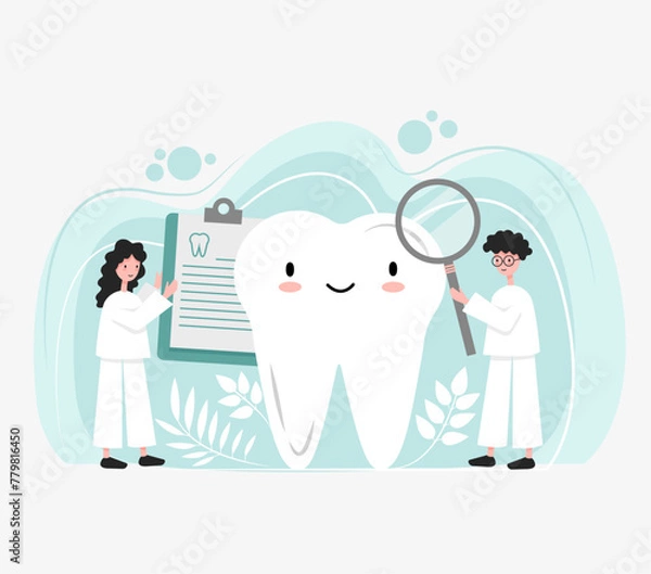 Fototapeta Happy Healthy Tooth Vector Flat Styled Illustration with Dentists. Cute Teeth for Dentistry Business